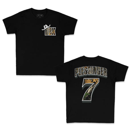 Two black youth premium tees: DBK front logo and PLESSINGER 7 back logo
