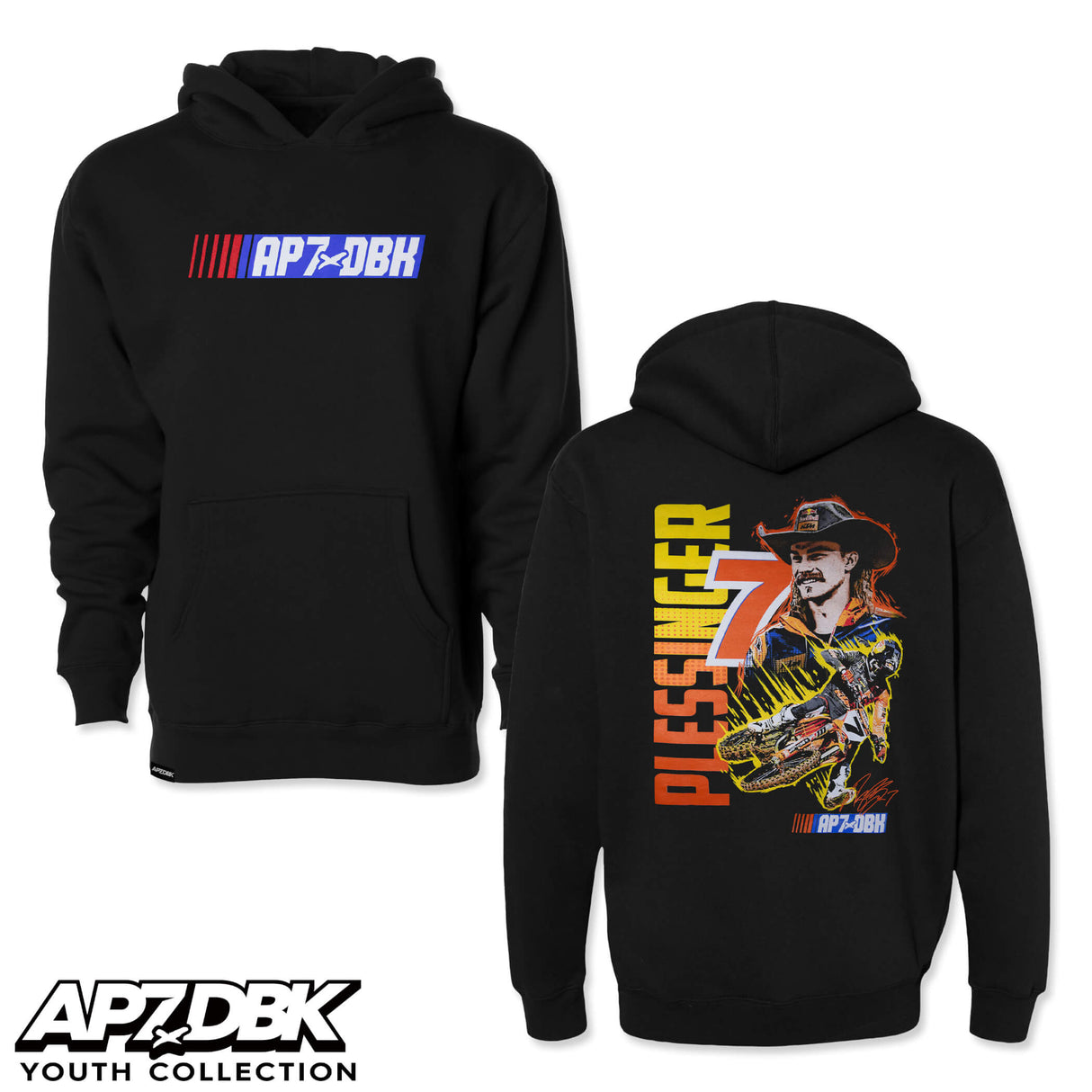 Pair of black youth hoodies with AP7DBK logo graphics on front and back