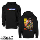 Pair of black youth hoodies with AP7DBK logo graphics on front and back
