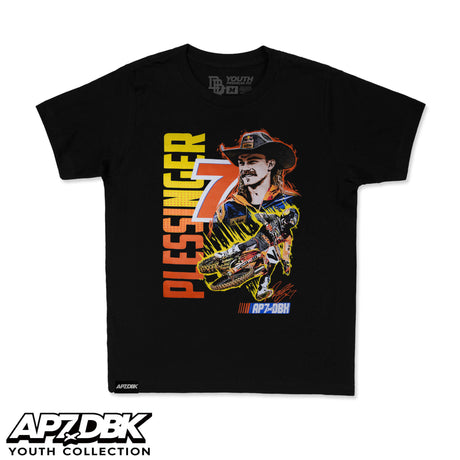 Youth black graphic T-shirt with colorful rider artwork and AP7 lettering on front.
