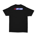 Black AP7×DBK back print T-shirt with blue logo and red stripe graphics.