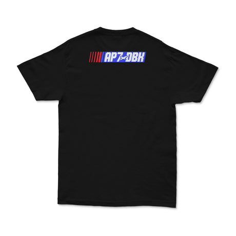 Black AP7×DBK back print T-shirt with blue logo and red stripe graphics.