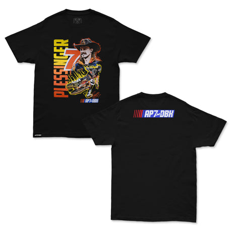 Black AP7 T-shirt shown front and back, with colorful motorsport graphic.