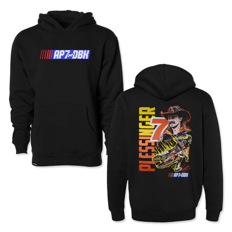 Pair of black youth hoodies showing front AP7DBK logo and rear race graphic