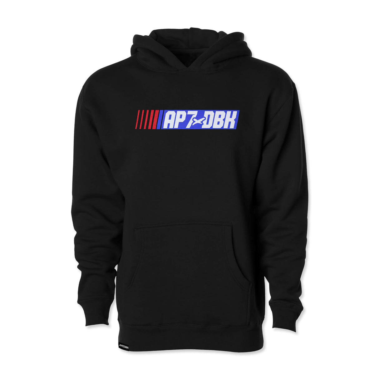 Black youth hoodie with AP7DBK logo graphic across the chest