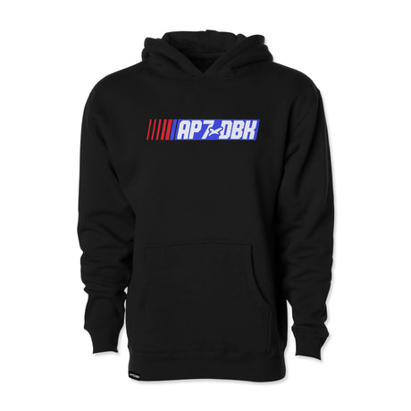 Black youth hoodie with AP7DBK logo graphic across the chest