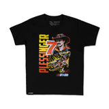 Youth black graphic T-shirt front view with large AP7 lettering and rider illustration.