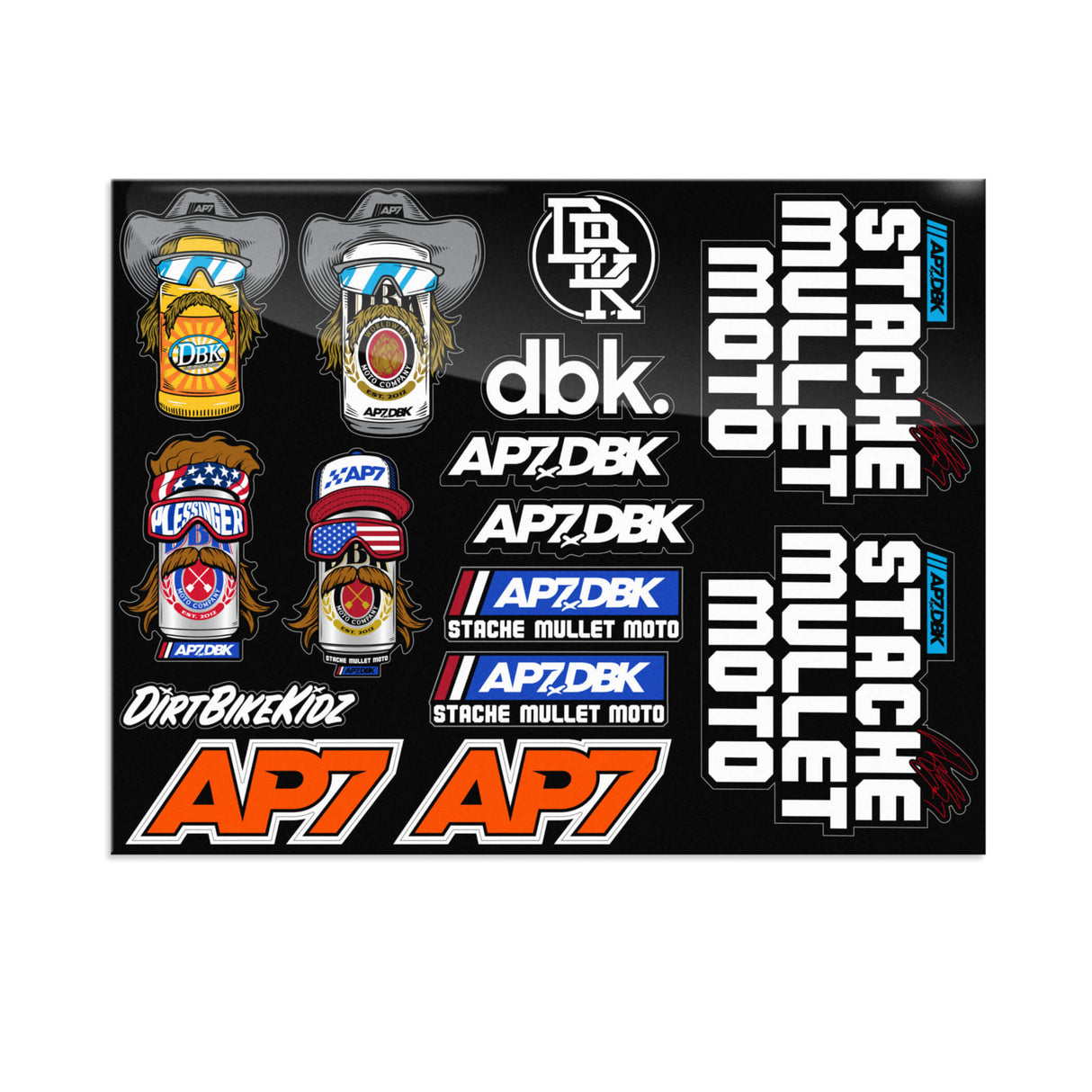 Sticker sheet with DBK and AP7 logos, helmets, and 'Stache Mullet Moto' decals
