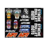 Sticker sheet with DBK and AP7 logos, helmets, and 'Stache Mullet Moto' decals