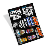 Sticker sheet with 'Stache Mullet Moto' text, APZDBK emblems, and AP7 badge stickers