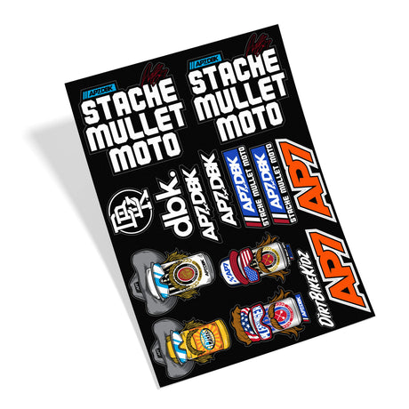 Sticker sheet with 'Stache Mullet Moto' text, APZDBK emblems, and AP7 badge stickers