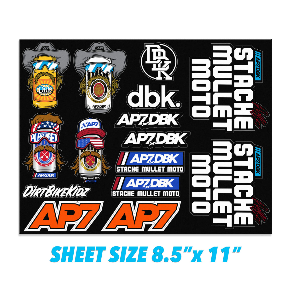 Sticker sheet with DBK and AP7 logos, helmets, and 'Sheet size 8.5 x 11 in' text