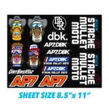 Sticker sheet with DBK and AP7 logos, helmets, and 'Sheet size 8.5 x 11 in' text