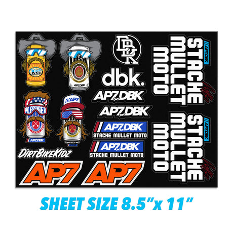 Sticker sheet with DBK and AP7 logos, helmets, and 'Sheet size 8.5 x 11 in' text