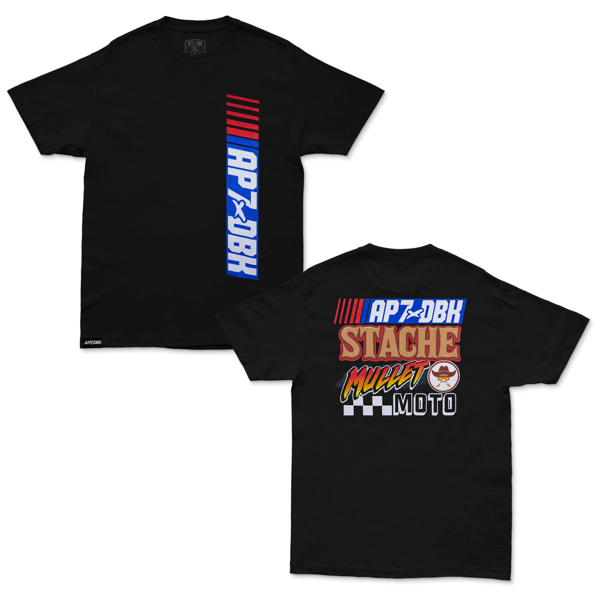 Black AP7 tee with vertical APxDBK graphic at center.