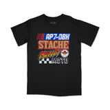 Black womens crew-neck graphic T-shirt with AP7 DBK Stache design