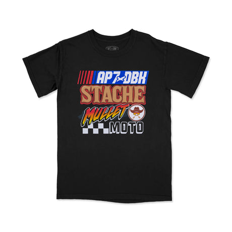 Black womens crew-neck graphic T-shirt with AP7 DBK Stache design