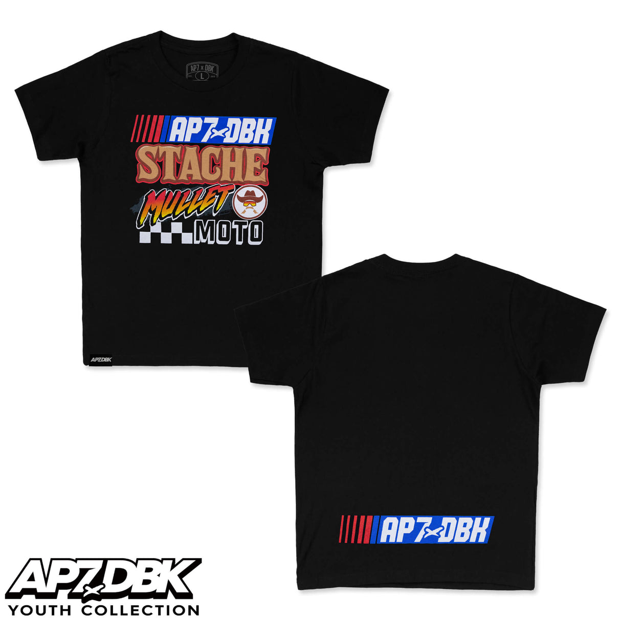 Youth graphic T-shirt in black with front racing 'Stache Mullet Moto' logo print