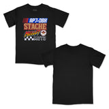 Black womens crew-neck graphic T-shirt, front and back shown