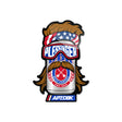 Die-cut sticker showing bearded can with star goggles and AP7DBK logo