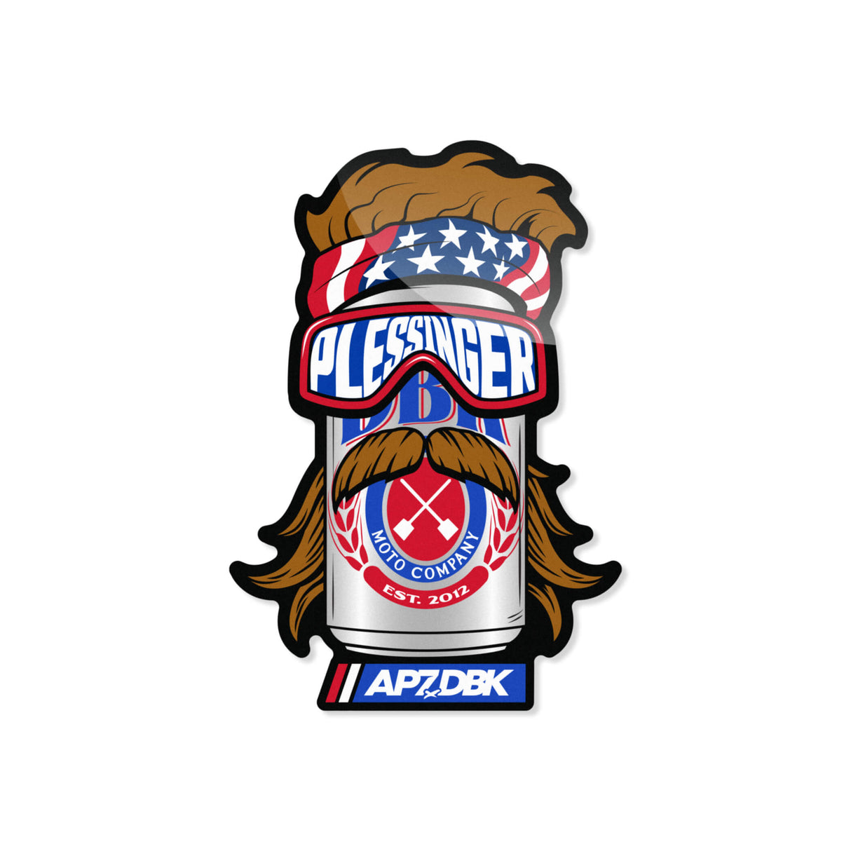 Die-cut sticker showing bearded can with star goggles and AP7DBK logo
