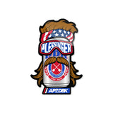Die-cut sticker showing bearded can with star goggles and AP7DBK logo
