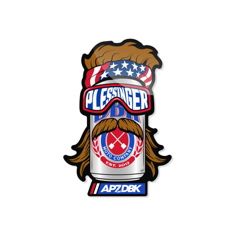 Die-cut sticker showing bearded can with star goggles and AP7DBK logo