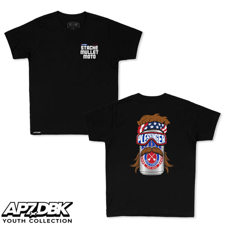 Youth premium tee, black crewneck with small “STACHE MULLET MOTO” chest graphic