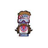Die-cut sticker of bearded can character with star goggles and red-blue badge