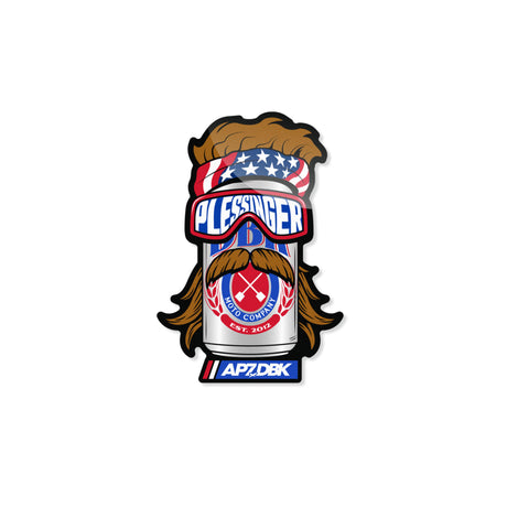 Die-cut sticker of bearded can character with star goggles and red-blue badge