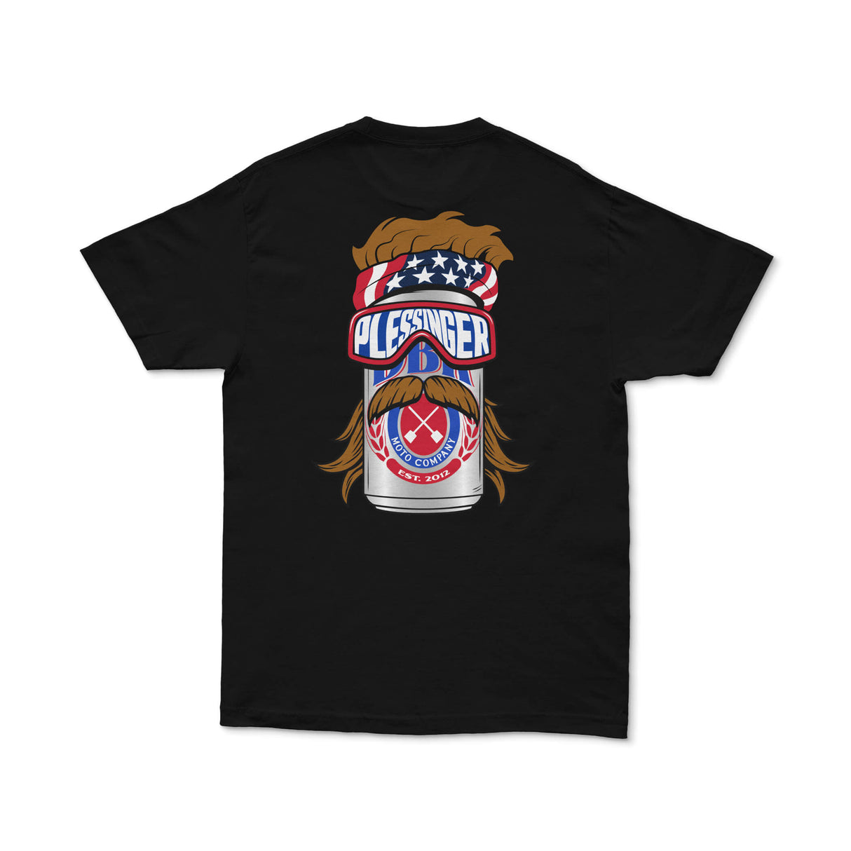 Black graphic T-shirt with PLESSINGER moto company graphic on back