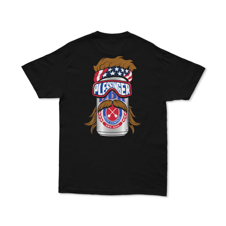 Black graphic T-shirt with PLESSINGER moto company graphic on back