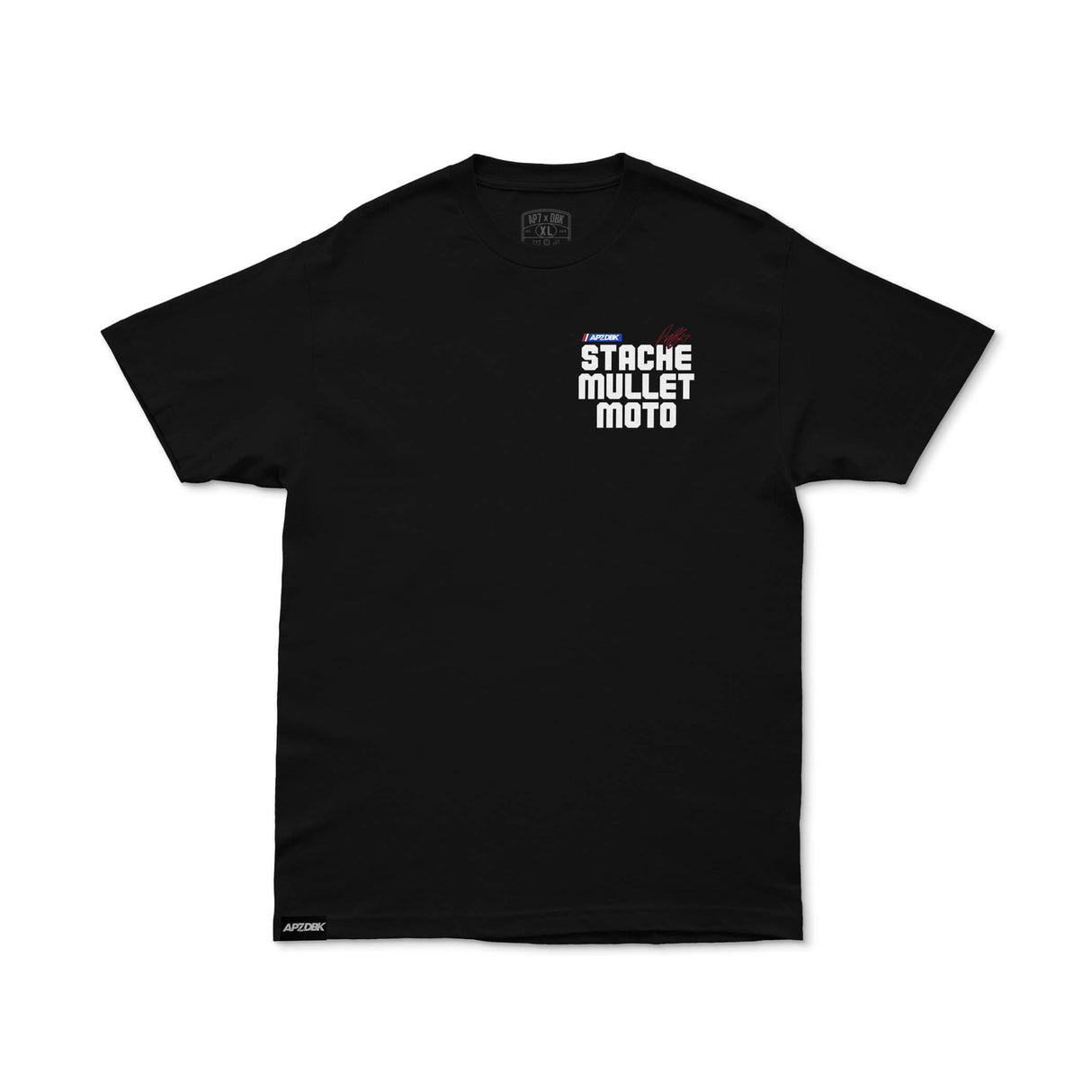 Black graphic T-shirt with Stache Mullet Moto chest logo