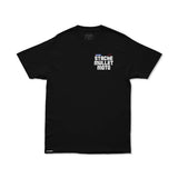 Black graphic T-shirt with Stache Mullet Moto chest logo