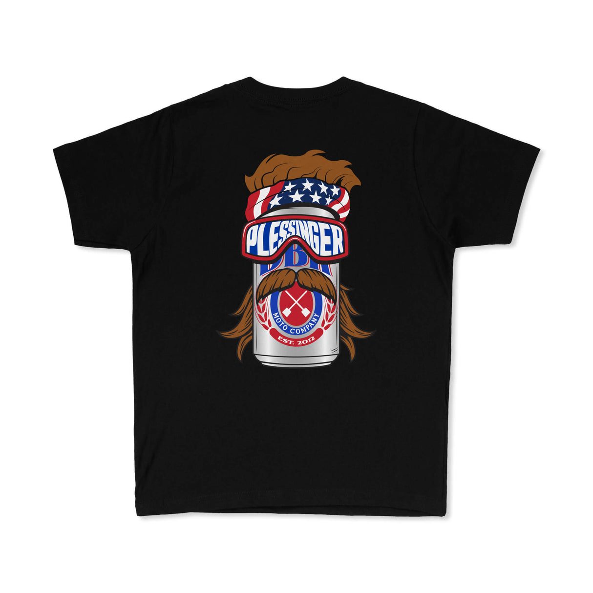 Black youth premium tee with “PLESSINGER” moto company badge and mustache graphic