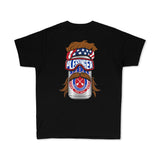 Black youth premium tee with “PLESSINGER” moto company badge and mustache graphic