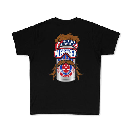 Black youth premium tee with “PLESSINGER” moto company badge and mustache graphic