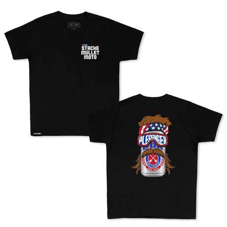 Youth premium tees set: black crewneck fronts with “STACHE MULLET MOTO” and “PLESSINGER” graphics