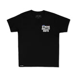 Black youth premium tee, crewneck with “STACHE MULLET MOTO” chest graphic