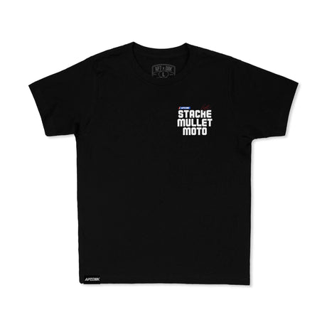 Black youth premium tee, crewneck with “STACHE MULLET MOTO” chest graphic