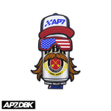 Sticker with AP7 cap, red brim, American flag goggles, and mustache-mullet rider graphic