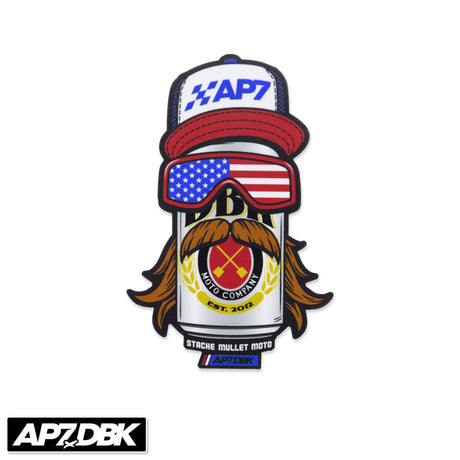 Sticker with AP7 cap, red brim, American flag goggles, and mustache-mullet rider graphic