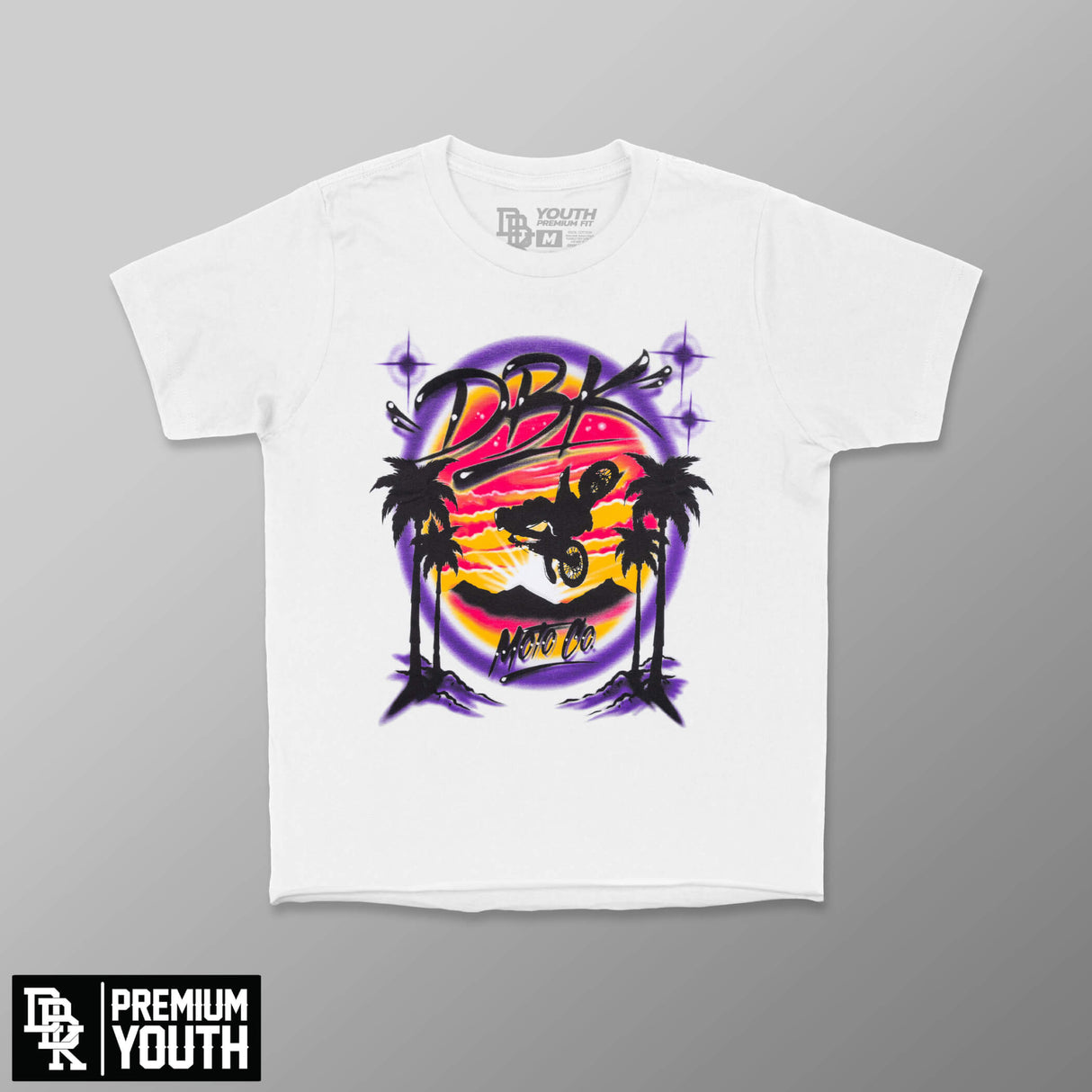 Youth girls white graphic T-shirt with colorful motorcycle-style front print