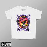 Youth girls white graphic T-shirt with colorful motorcycle-style front print