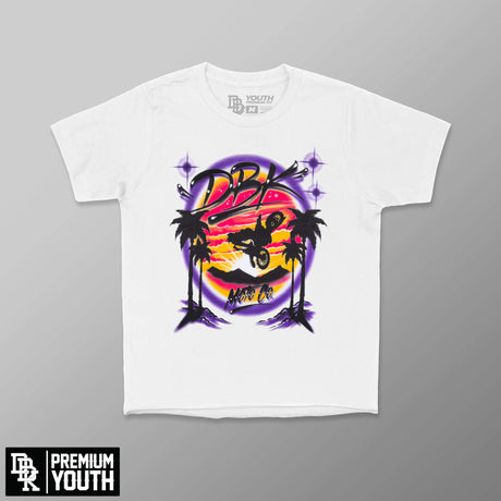 Youth girls white graphic T-shirt with colorful motorcycle-style front print