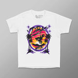 Youth girls white graphic T-shirt featuring a bold neon motorcycle front design