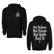 Black hoodie set shown front and back, with chest logo and large white text graphic