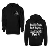 Black hoodie set shown front and back, with chest logo and large white text graphic
