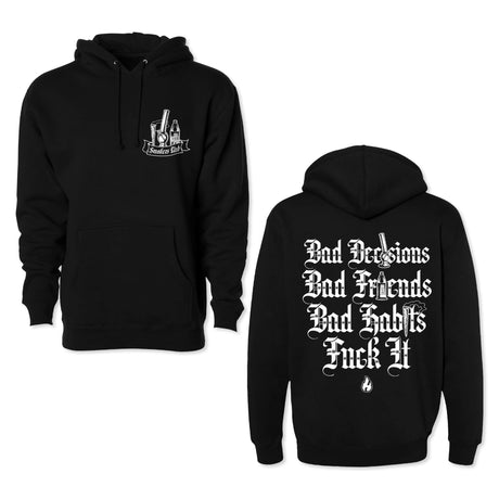 Bad Decisions hoodie, black pullover with front graphic and drawstring hood