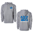 Gray pullover hoodie with kangaroo pocket, blue DBK and DIRT BIKE KIDZ logo on chest